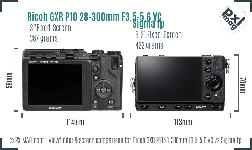Ricoh GXR P10 28-300mm F3.5-5.6 VC vs Sigma fp Screen and Viewfinder comparison