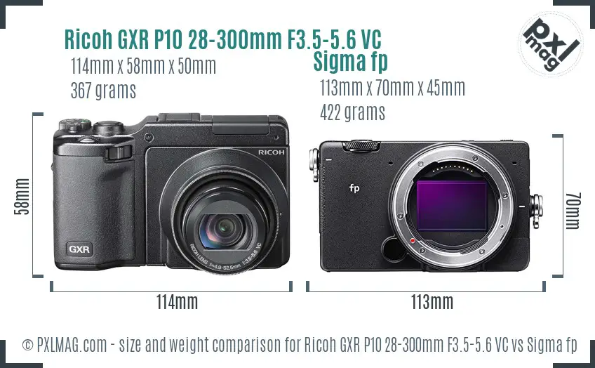 Ricoh GXR P10 28-300mm F3.5-5.6 VC vs Sigma fp size comparison