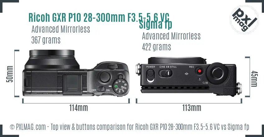 Ricoh GXR P10 28-300mm F3.5-5.6 VC vs Sigma fp top view buttons comparison