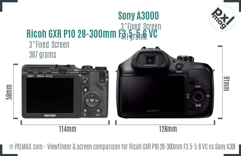 Ricoh GXR P10 28-300mm F3.5-5.6 VC vs Sony A3000 Screen and Viewfinder comparison