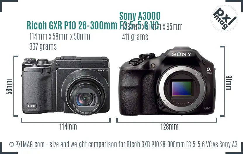 Ricoh GXR P10 28-300mm F3.5-5.6 VC vs Sony A3000 size comparison