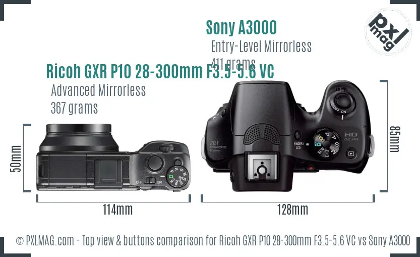 Ricoh GXR P10 28-300mm F3.5-5.6 VC vs Sony A3000 top view buttons comparison