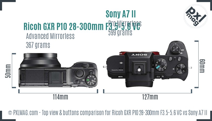 Ricoh GXR P10 28-300mm F3.5-5.6 VC vs Sony A7 II top view buttons comparison