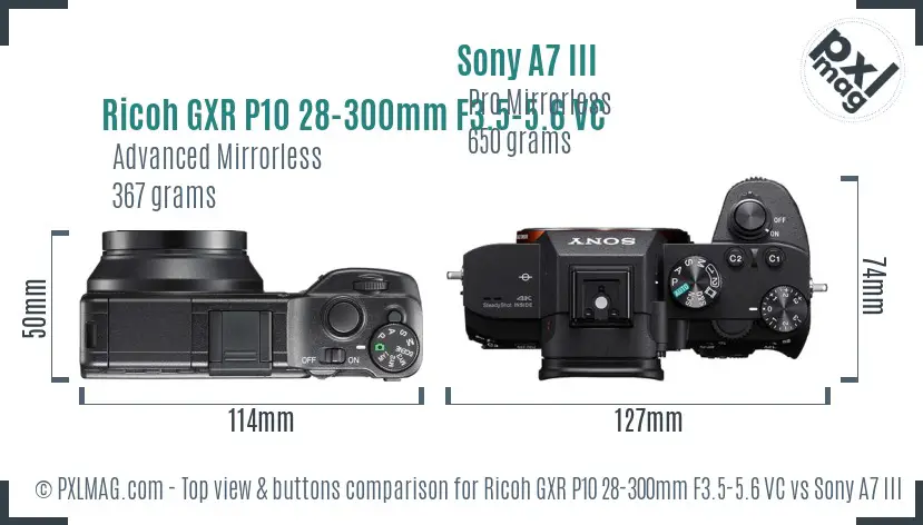 Ricoh GXR P10 28-300mm F3.5-5.6 VC vs Sony A7 III top view buttons comparison