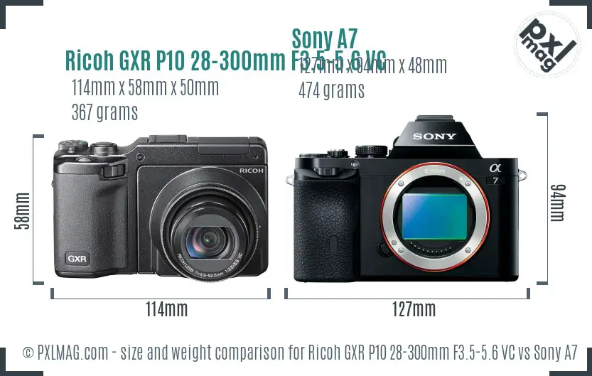 Ricoh GXR P10 28-300mm F3.5-5.6 VC vs Sony A7 size comparison