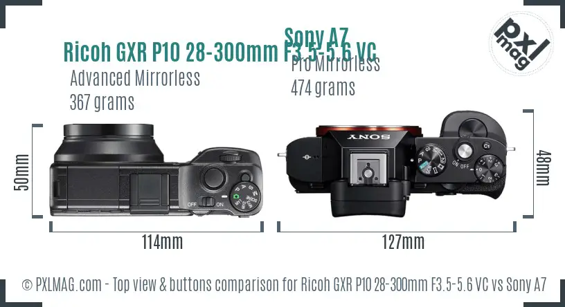 Ricoh GXR P10 28-300mm F3.5-5.6 VC vs Sony A7 top view buttons comparison