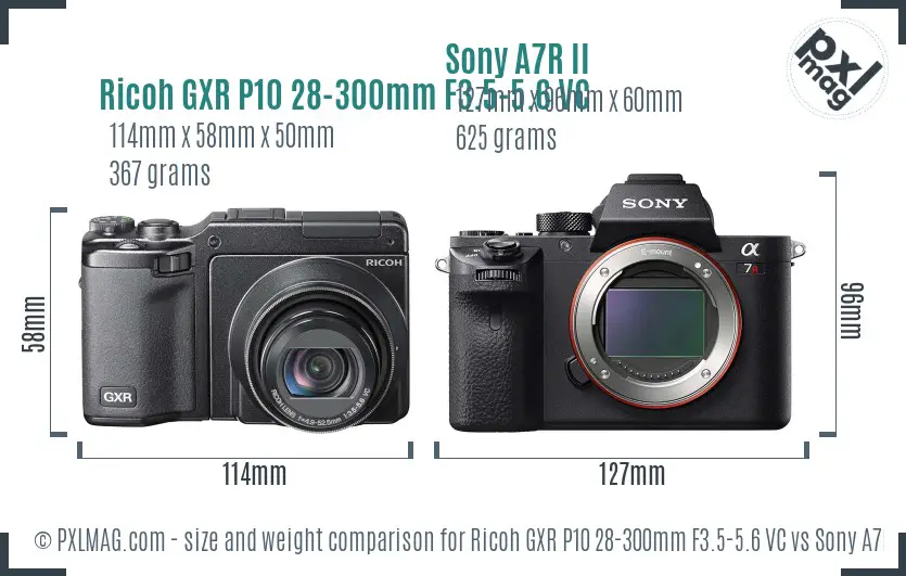 Ricoh GXR P10 28-300mm F3.5-5.6 VC vs Sony A7R II size comparison