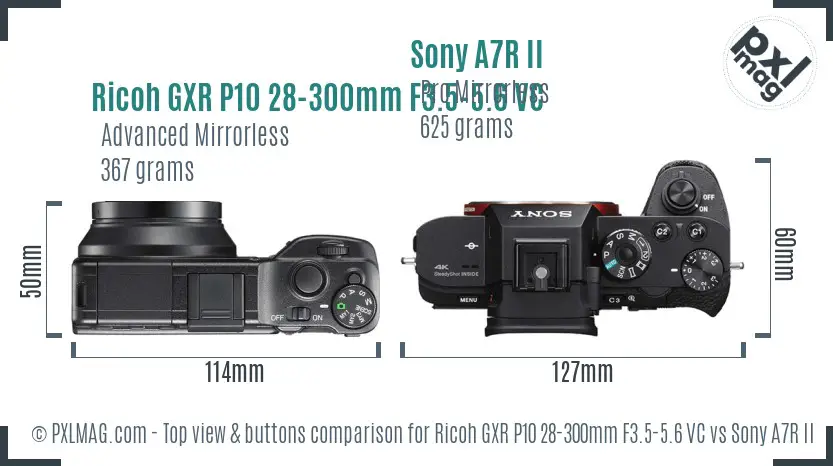Ricoh GXR P10 28-300mm F3.5-5.6 VC vs Sony A7R II top view buttons comparison
