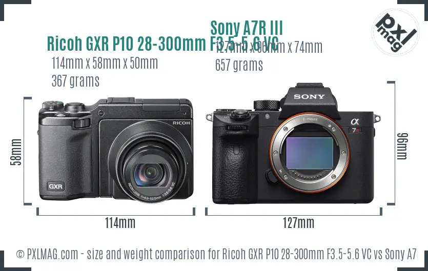 Ricoh GXR P10 28-300mm F3.5-5.6 VC vs Sony A7R III size comparison