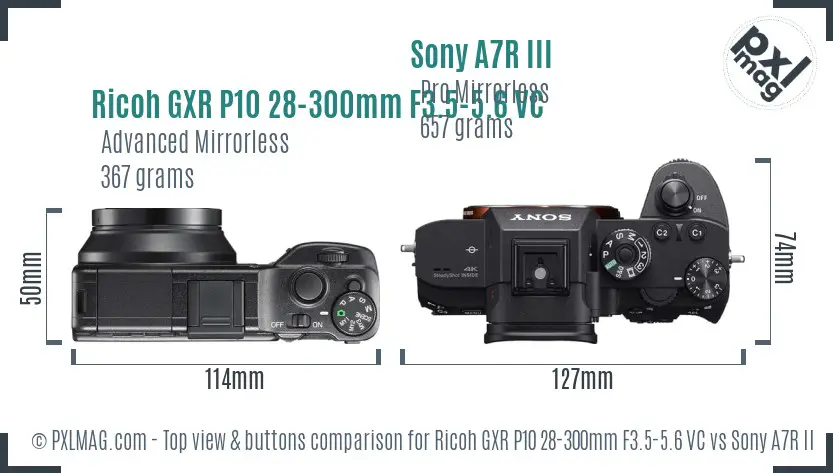 Ricoh GXR P10 28-300mm F3.5-5.6 VC vs Sony A7R III top view buttons comparison