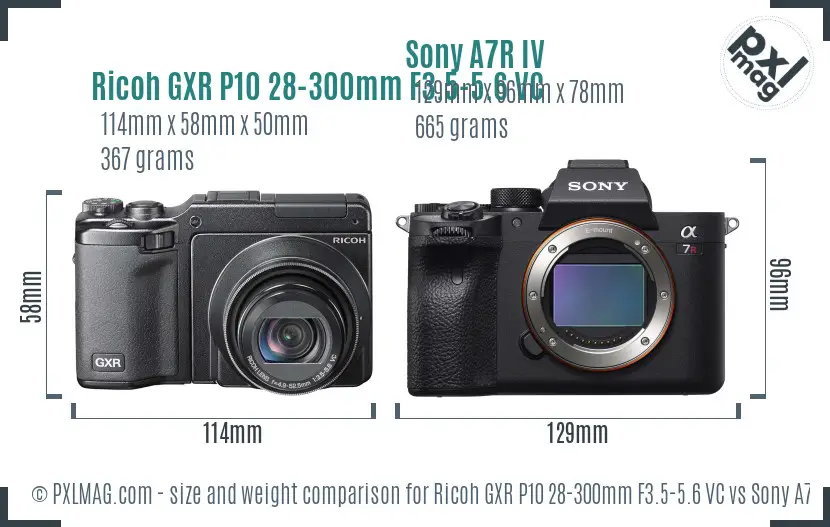 Ricoh GXR P10 28-300mm F3.5-5.6 VC vs Sony A7R IV size comparison