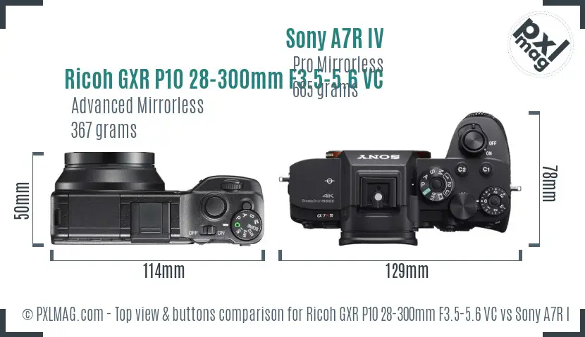 Ricoh GXR P10 28-300mm F3.5-5.6 VC vs Sony A7R IV top view buttons comparison