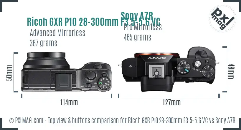 Ricoh GXR P10 28-300mm F3.5-5.6 VC vs Sony A7R top view buttons comparison