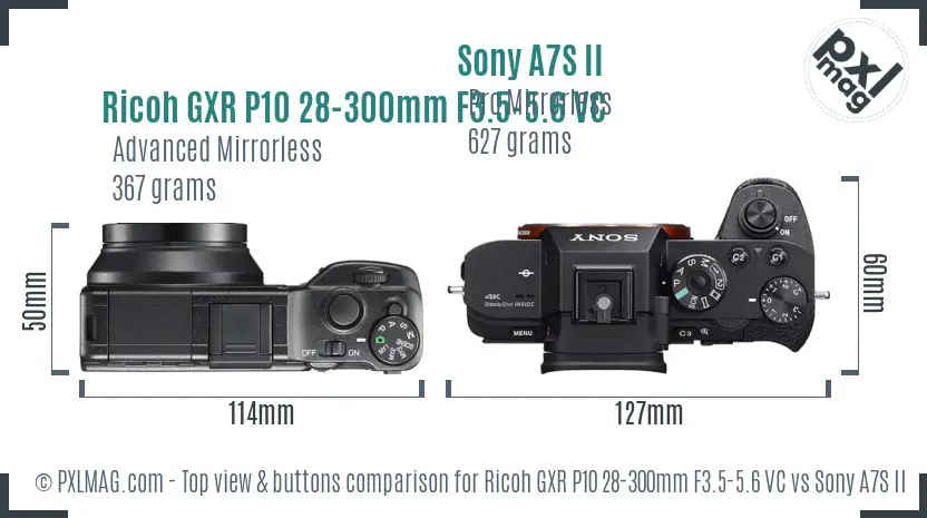 Ricoh GXR P10 28-300mm F3.5-5.6 VC vs Sony A7S II top view buttons comparison