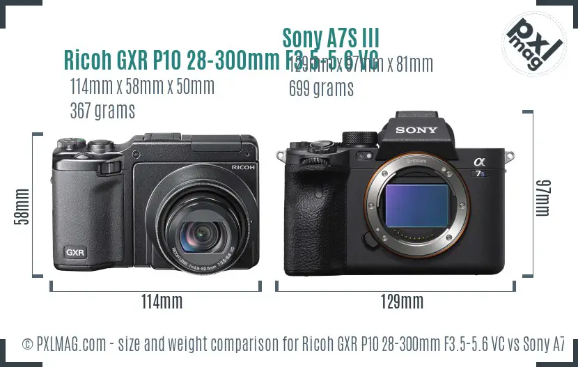 Ricoh GXR P10 28-300mm F3.5-5.6 VC vs Sony A7S III size comparison