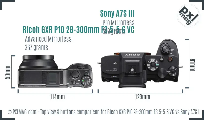 Ricoh GXR P10 28-300mm F3.5-5.6 VC vs Sony A7S III top view buttons comparison