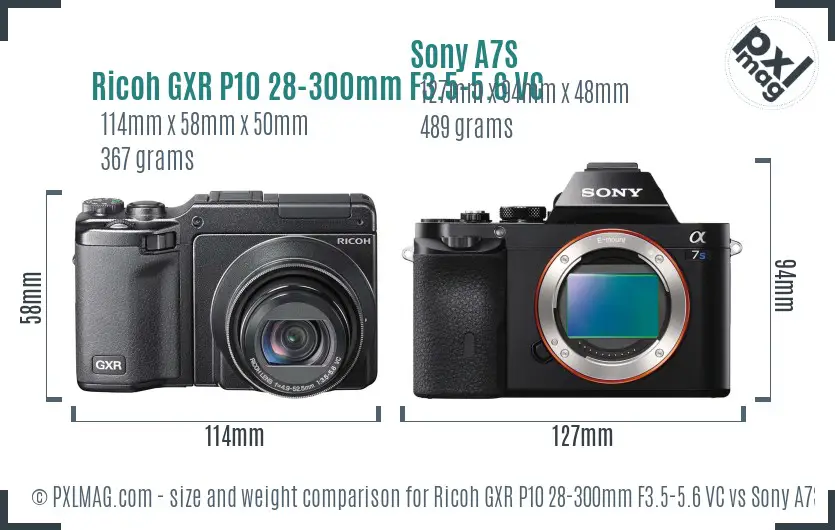 Ricoh GXR P10 28-300mm F3.5-5.6 VC vs Sony A7S size comparison