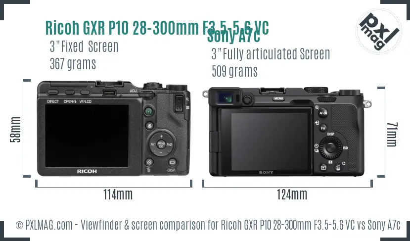 Ricoh GXR P10 28-300mm F3.5-5.6 VC vs Sony A7c Screen and Viewfinder comparison