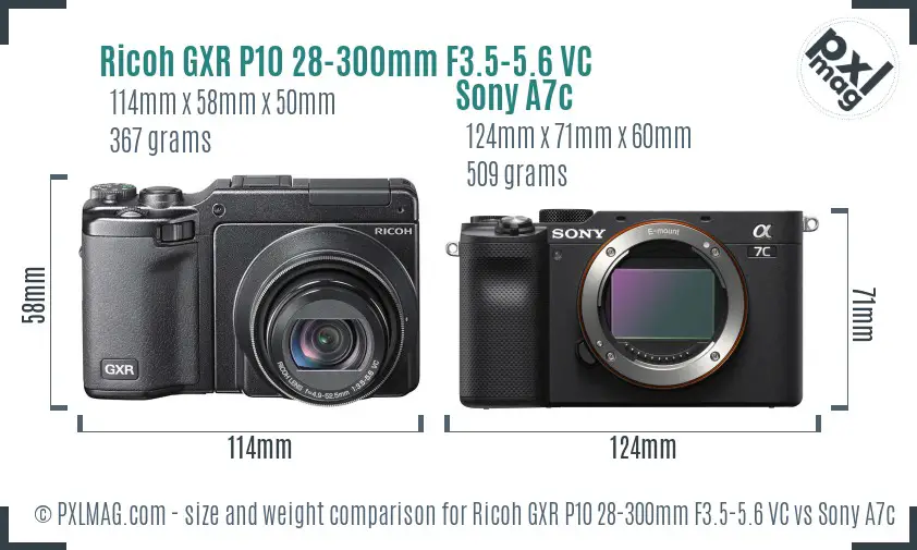 Ricoh GXR P10 28-300mm F3.5-5.6 VC vs Sony A7c size comparison