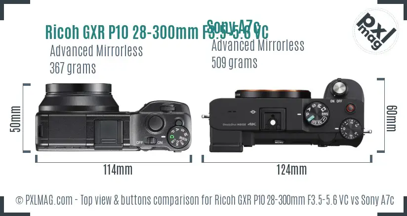 Ricoh GXR P10 28-300mm F3.5-5.6 VC vs Sony A7c top view buttons comparison