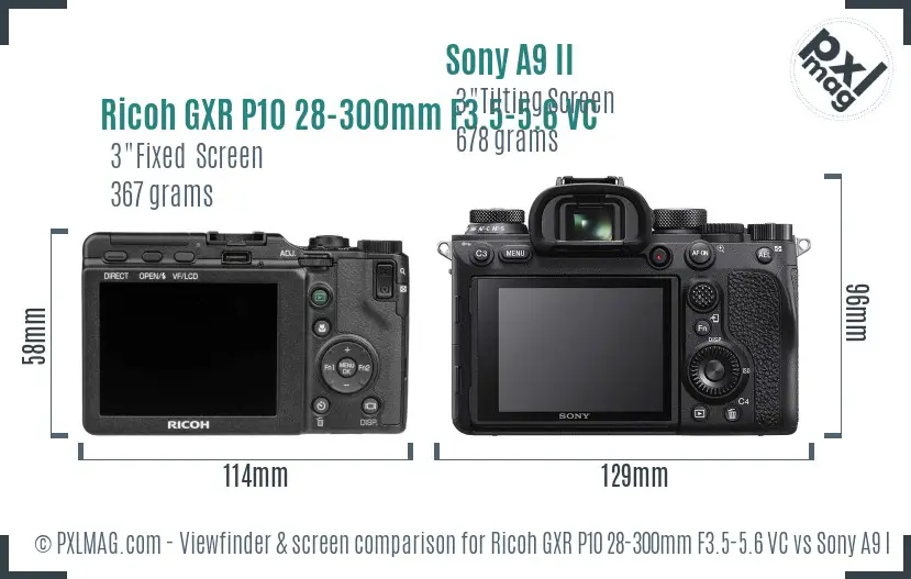 Ricoh GXR P10 28-300mm F3.5-5.6 VC vs Sony A9 II Screen and Viewfinder comparison