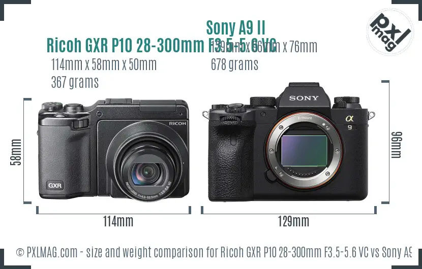Ricoh GXR P10 28-300mm F3.5-5.6 VC vs Sony A9 II size comparison