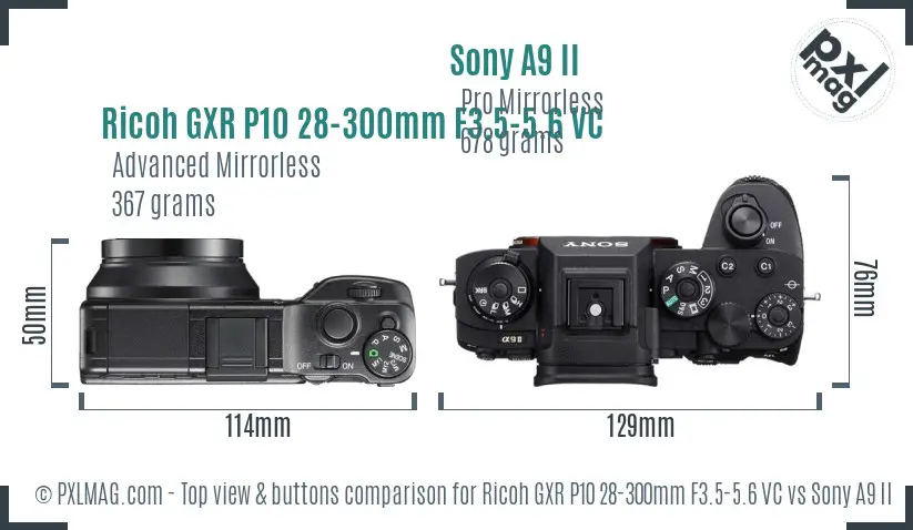 Ricoh GXR P10 28-300mm F3.5-5.6 VC vs Sony A9 II top view buttons comparison
