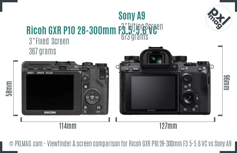 Ricoh GXR P10 28-300mm F3.5-5.6 VC vs Sony A9 Screen and Viewfinder comparison