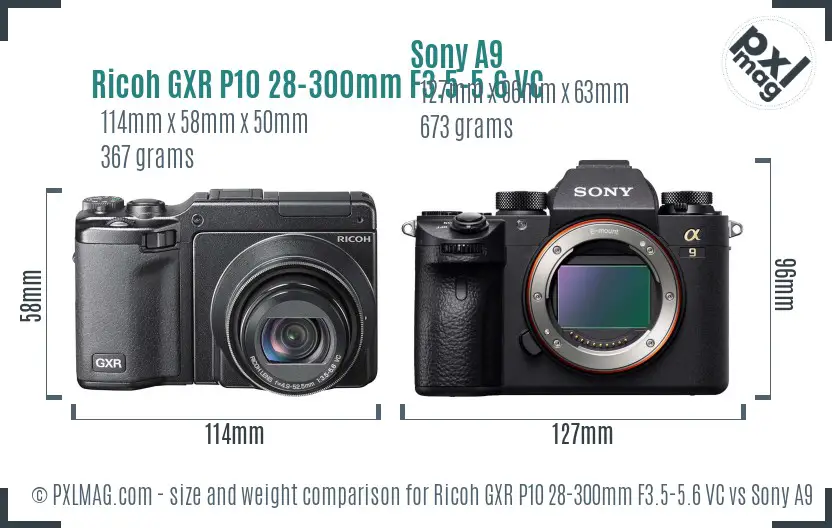 Ricoh GXR P10 28-300mm F3.5-5.6 VC vs Sony A9 size comparison