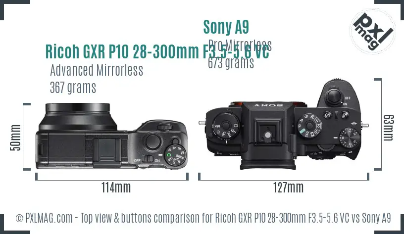 Ricoh GXR P10 28-300mm F3.5-5.6 VC vs Sony A9 top view buttons comparison