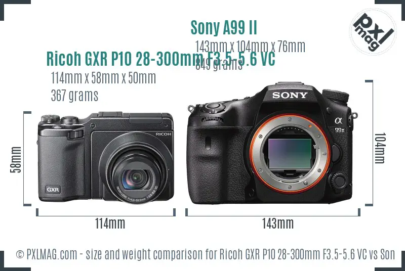 Ricoh GXR P10 28-300mm F3.5-5.6 VC vs Sony A99 II size comparison