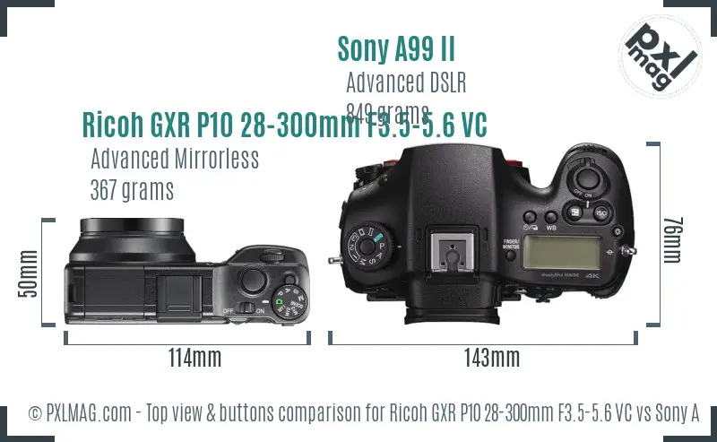 Ricoh GXR P10 28-300mm F3.5-5.6 VC vs Sony A99 II top view buttons comparison