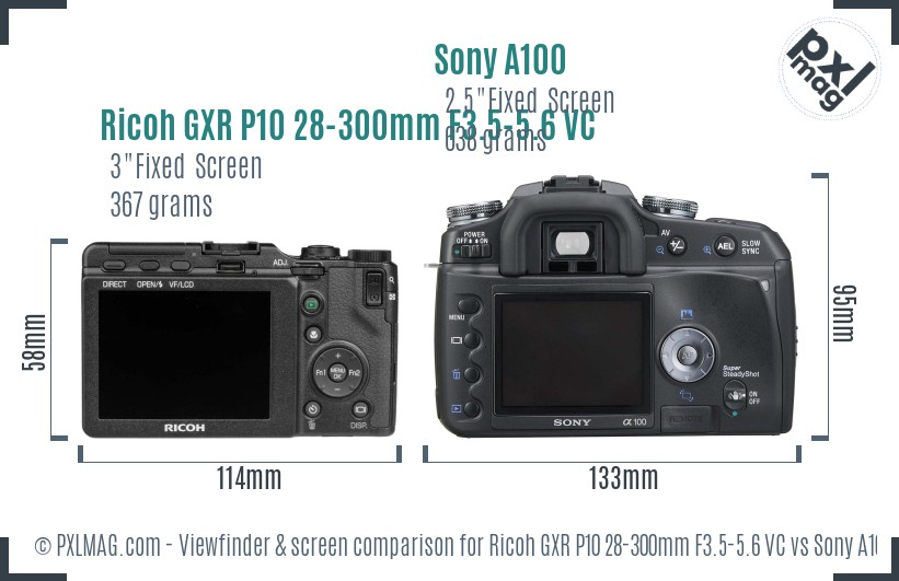 Ricoh GXR P10 28-300mm F3.5-5.6 VC vs Sony A100 Screen and Viewfinder comparison