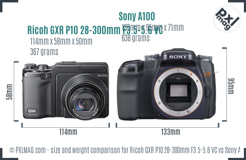 Ricoh GXR P10 28-300mm F3.5-5.6 VC vs Sony A100 size comparison