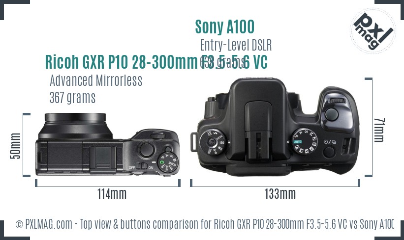 Ricoh GXR P10 28-300mm F3.5-5.6 VC vs Sony A100 top view buttons comparison