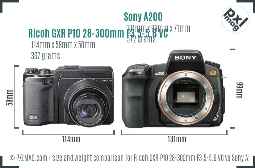 Ricoh GXR P10 28-300mm F3.5-5.6 VC vs Sony A200 size comparison