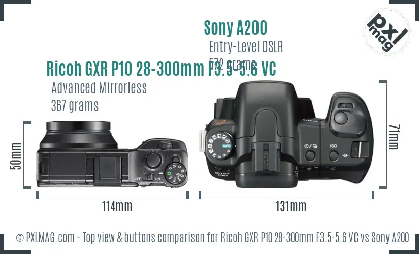 Ricoh GXR P10 28-300mm F3.5-5.6 VC vs Sony A200 top view buttons comparison