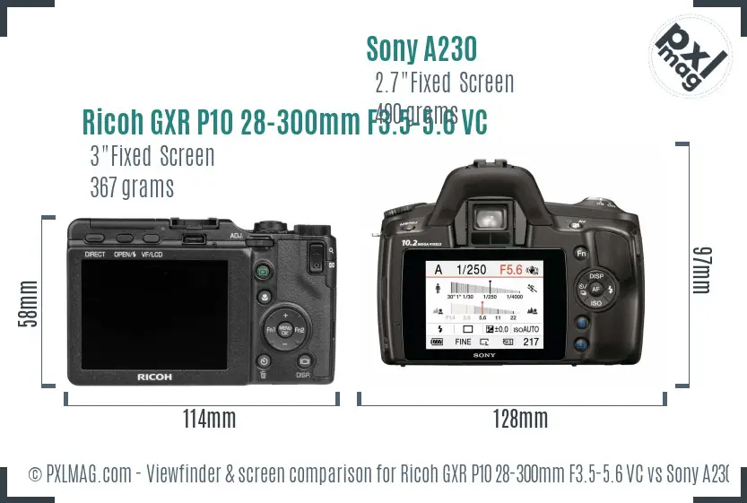 Ricoh GXR P10 28-300mm F3.5-5.6 VC vs Sony A230 Screen and Viewfinder comparison