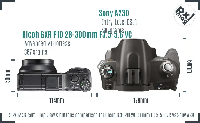 Ricoh GXR P10 28-300mm F3.5-5.6 VC vs Sony A230 top view buttons comparison