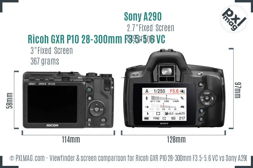 Ricoh GXR P10 28-300mm F3.5-5.6 VC vs Sony A290 Screen and Viewfinder comparison