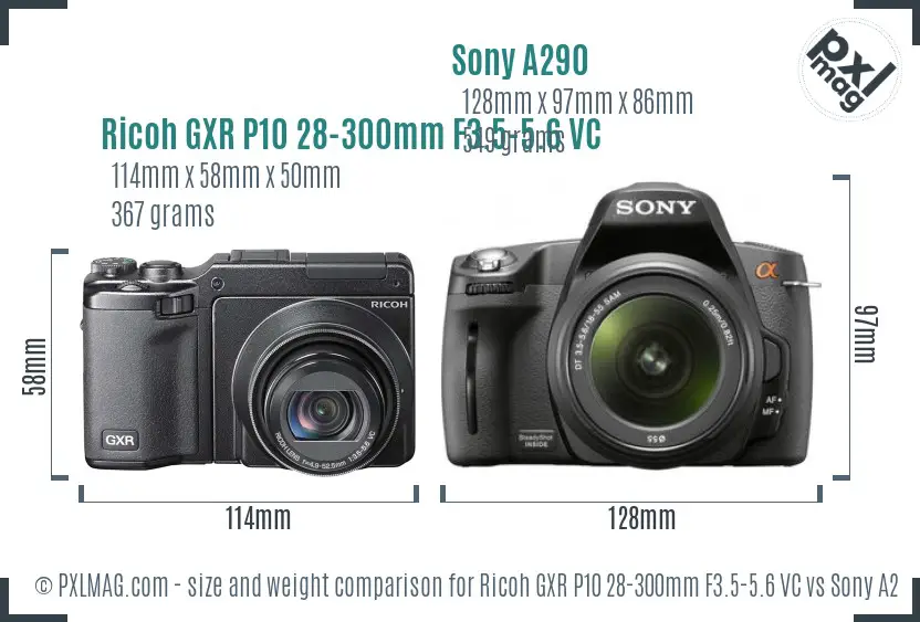 Ricoh GXR P10 28-300mm F3.5-5.6 VC vs Sony A290 size comparison