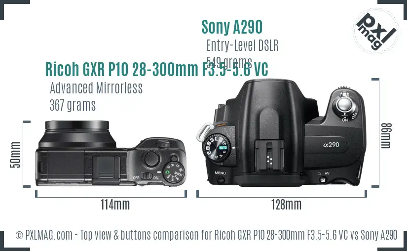 Ricoh GXR P10 28-300mm F3.5-5.6 VC vs Sony A290 top view buttons comparison