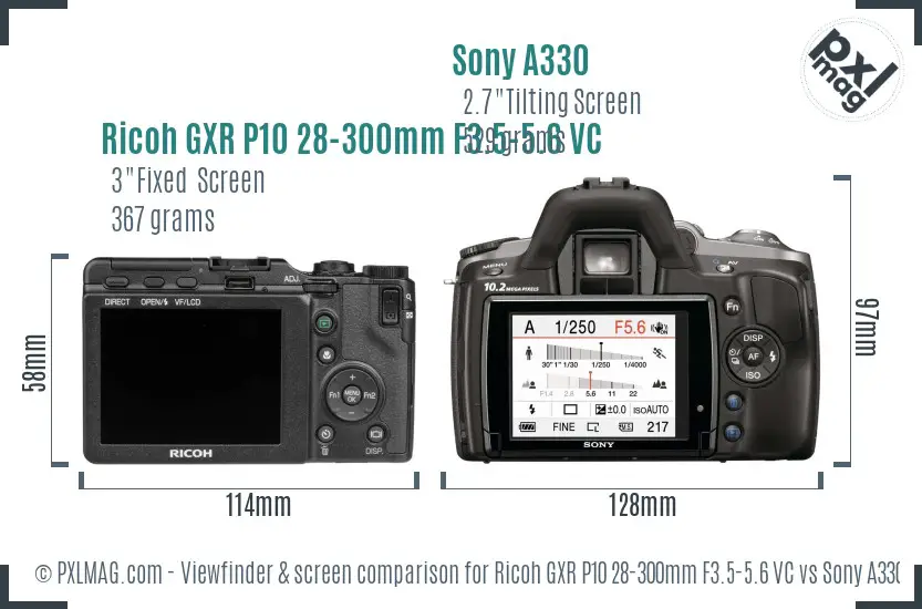 Ricoh GXR P10 28-300mm F3.5-5.6 VC vs Sony A330 Screen and Viewfinder comparison