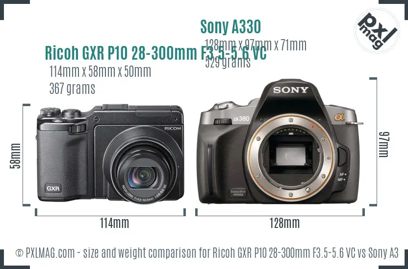 Ricoh GXR P10 28-300mm F3.5-5.6 VC vs Sony A330 size comparison