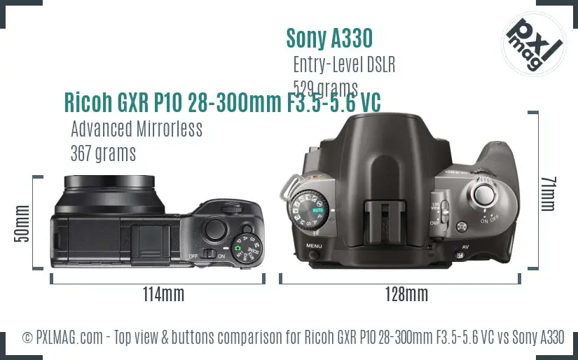 Ricoh GXR P10 28-300mm F3.5-5.6 VC vs Sony A330 top view buttons comparison