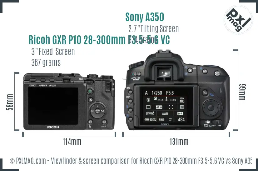 Ricoh GXR P10 28-300mm F3.5-5.6 VC vs Sony A350 Screen and Viewfinder comparison