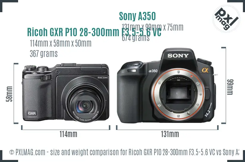 Ricoh GXR P10 28-300mm F3.5-5.6 VC vs Sony A350 size comparison