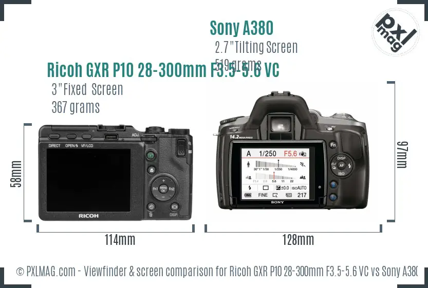 Ricoh GXR P10 28-300mm F3.5-5.6 VC vs Sony A380 Screen and Viewfinder comparison