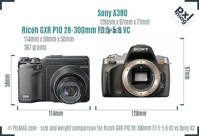 Ricoh GXR P10 28-300mm F3.5-5.6 VC vs Sony A380 size comparison