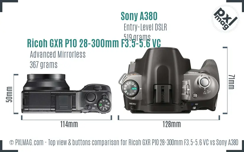 Ricoh GXR P10 28-300mm F3.5-5.6 VC vs Sony A380 top view buttons comparison